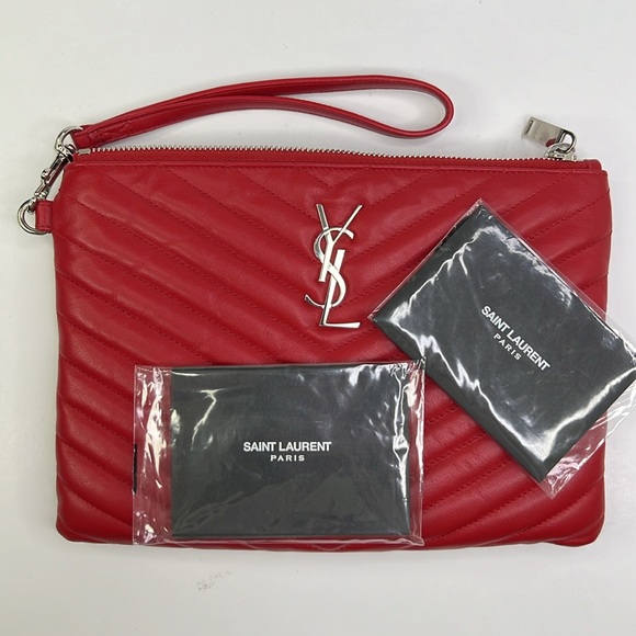 SAINT LAURENT YSL MONOGRAM ROUGE EROS MATELASSE CALFSKIN WRISTLET POUCH/CLUTCH - Picture 13 of 16